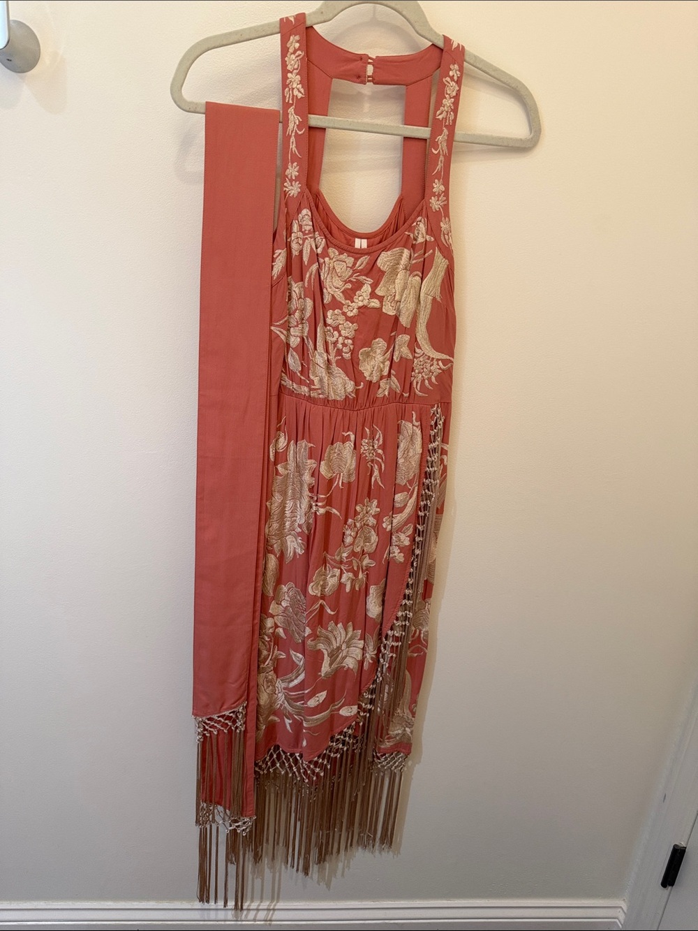 Anthropologie Coral Pink Floral Asymmetrical Fringe Dress